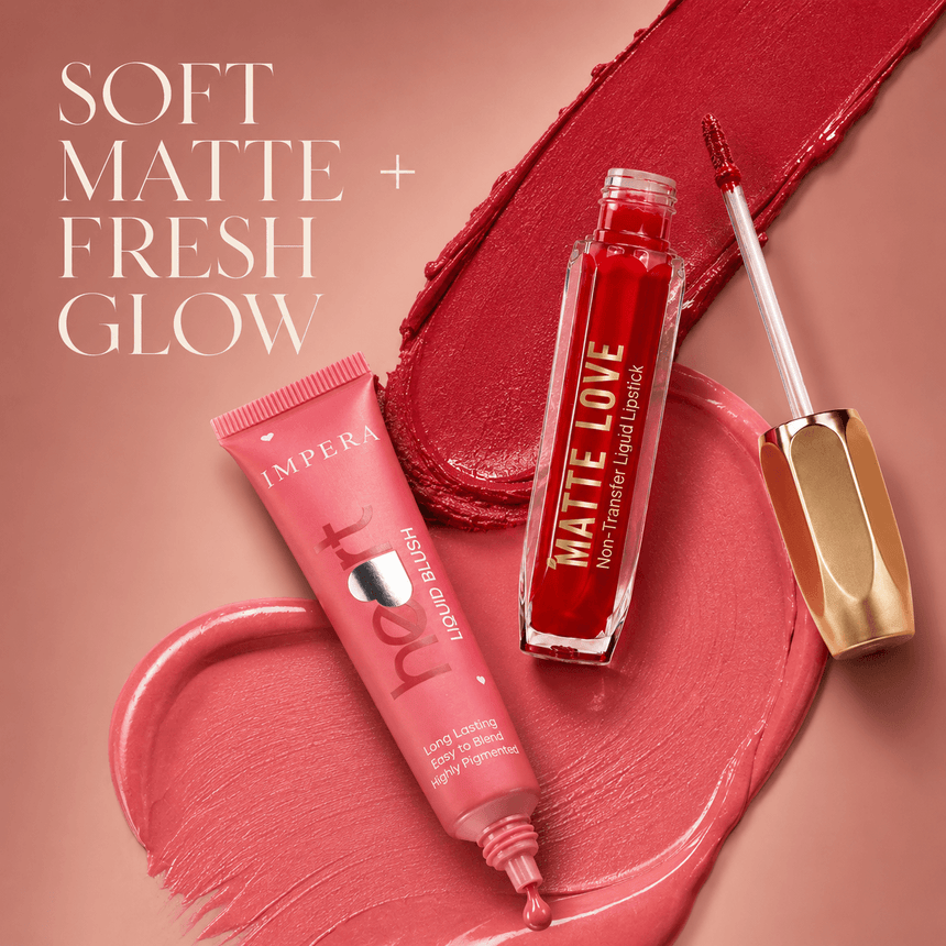 “lipstick and blush combo Premium IMPERA lipstick and blush flatlay with feminine luxury aesthetic”