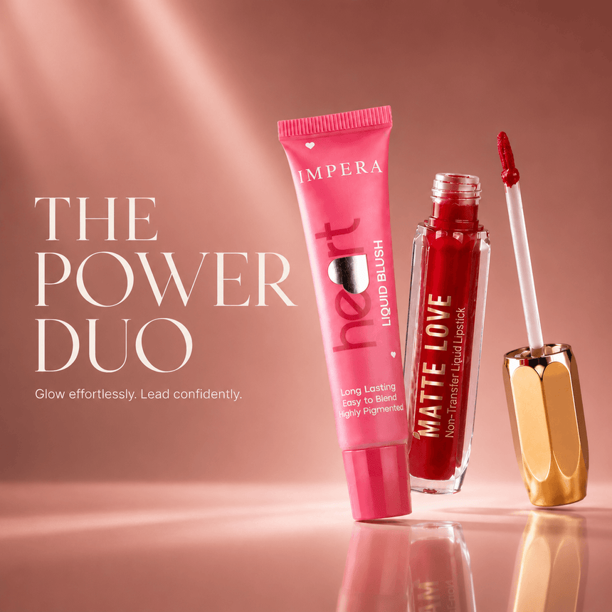 lipstick and blush combo Luxury IMPERA liquid blush with radiant soft pink glow effect”