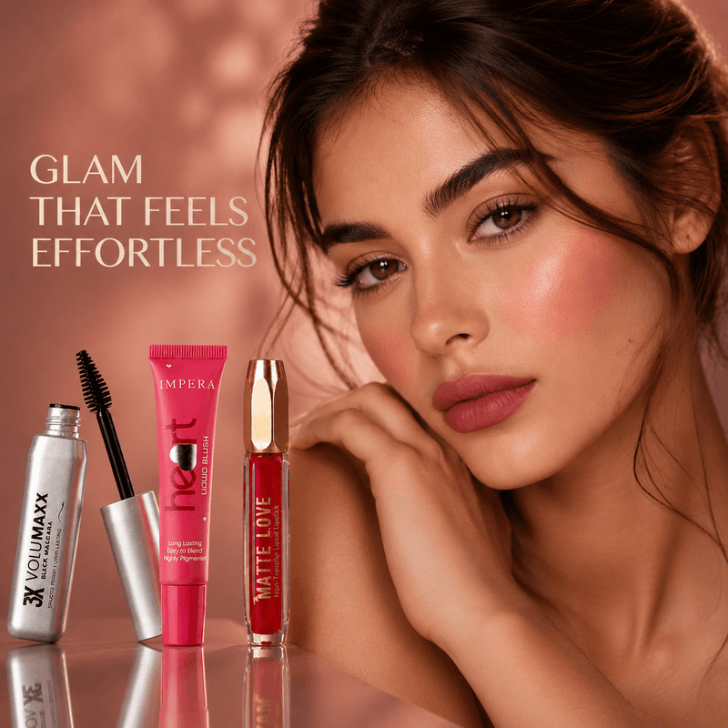 soft glam makeup setModel wearing IMPERA matte lipstick in luxury beauty editorial campaign